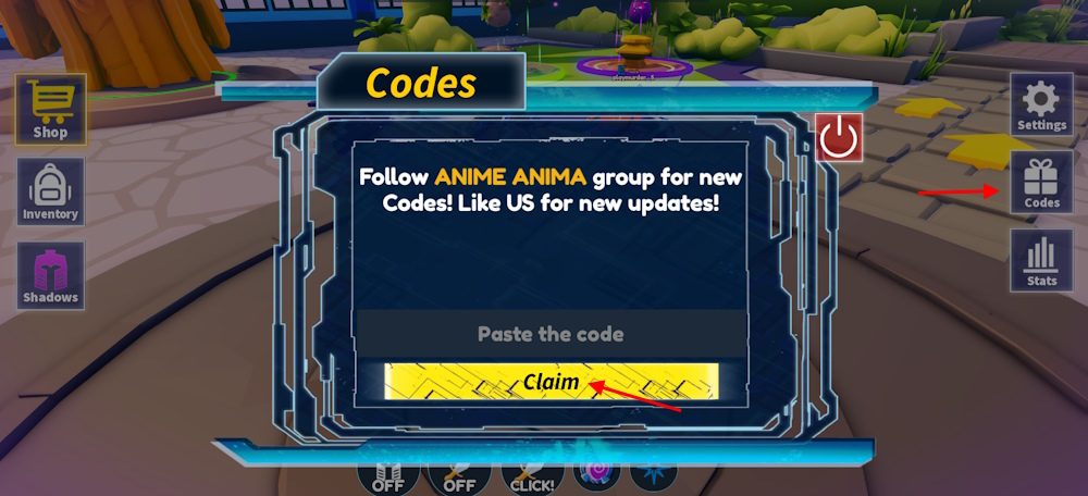 Anime Arise Evolution codes redeem section